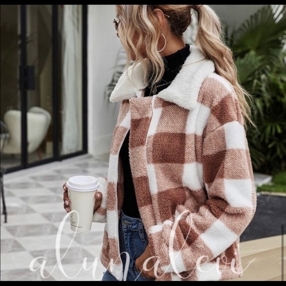 C53) New! Ultra Soft Plush Plaid Jacket Coat Pockets - Picture 5 of 5